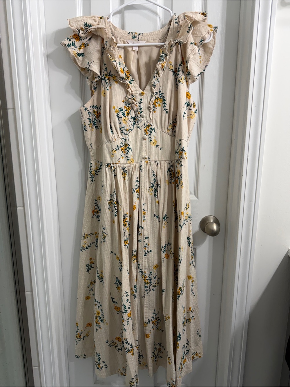 LC Lauren Conrad Cream Floral Midi Dress with Yellow & Green Accents